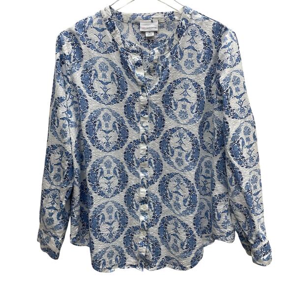 Liz Claiborne Blue and White Bird Floral Collarless Button Down Top XL - Picture 1 of 8